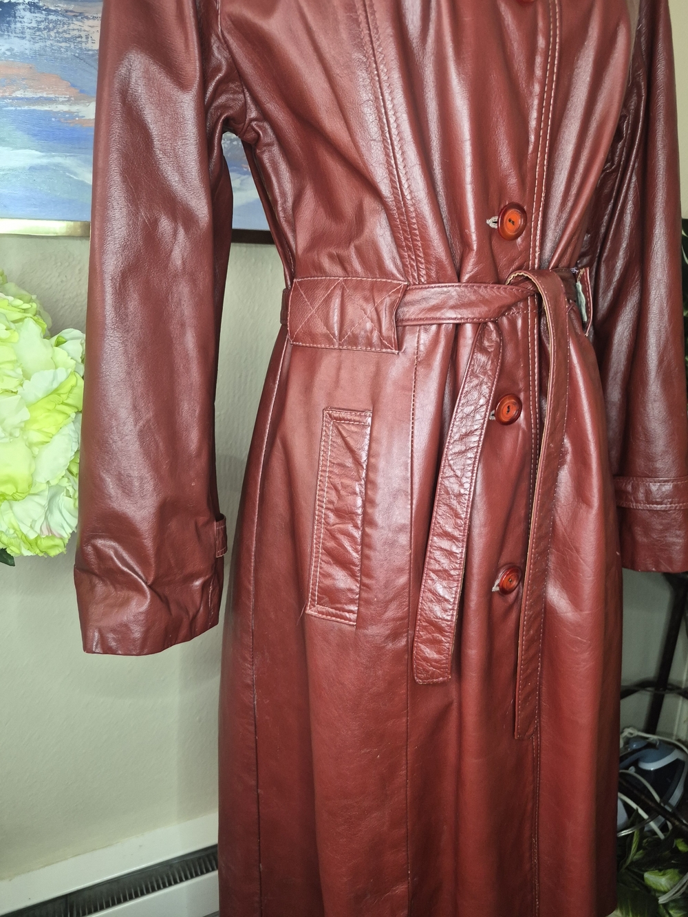 Vintage Red Leather Women's Trench Coat - Picture 4 of 10